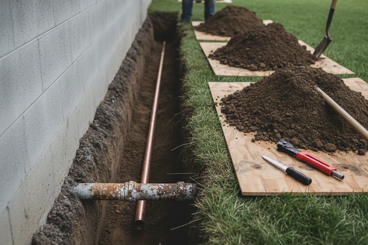 Excavated water line trench during Water Heater Repair in Mineral Springs